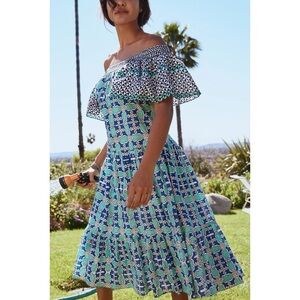 Ro’s Garden Tuckernuck Off Shoulder Ruffle Printed Midi Dress